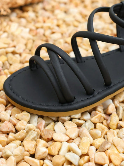 1 Pair Girls' Black Criss-Cross Strap Flat Sandals, Non-Slip Soft Sole Elastic Back Strap, Summer Casual Beach Children's Shoes