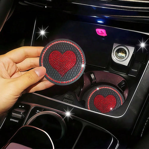 1 Pair Rhinestone Heart Car Cup Holder Coasters, Multi-Color Shiny Design, Soft Material Fits Cup Slot Securely, Interior Decoration, Enhances Car Interior Elegance