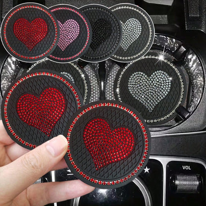 1 Pair Rhinestone Heart Car Cup Holder Coasters, Multi-Color Shiny Design, Soft Material Fits Cup Slot Securely, Interior Decoration, Enhances Car Interior Elegance