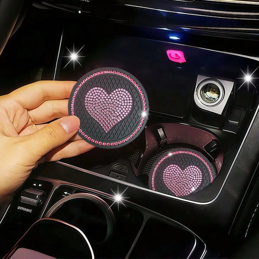 1 Pair Rhinestone Heart Car Cup Holder Coasters, Multi-Color Shiny Design, Soft Material Fits Cup Slot Securely, Interior Decoration, Enhances Car Interior Elegance
