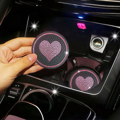 1 Pair Rhinestone Heart Car Cup Holder Coasters, Multi-Color Shiny Design, Soft Material Fits Cup Slot Securely, Interior Decoration, Enhances Car Interior Elegance