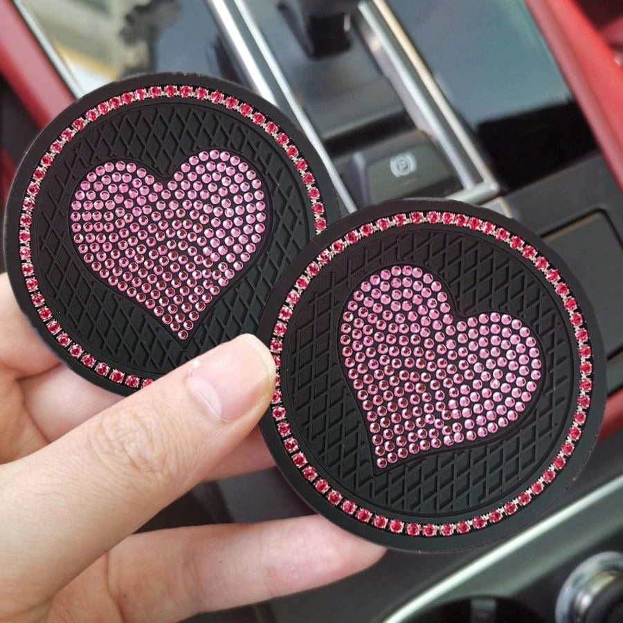 1 Pair Rhinestone Heart Car Cup Holder Coasters, Multi-Color Shiny Design, Soft Material Fits Cup Slot Securely, Interior Decoration, Enhances Car Interior Elegance
