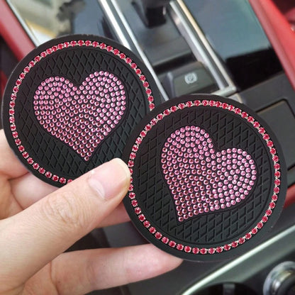 1 Pair Rhinestone Heart Car Cup Holder Coasters, Multi-Color Shiny Design, Soft Material Fits Cup Slot Securely, Interior Decoration, Enhances Car Interior Elegance