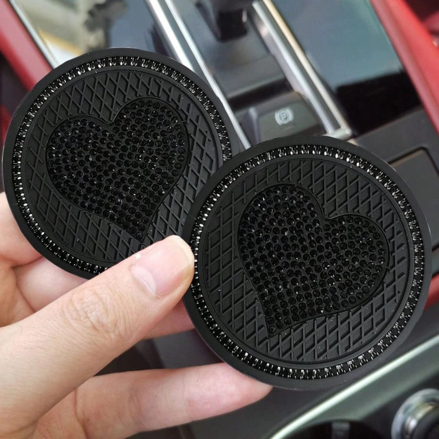1 Pair Rhinestone Heart Car Cup Holder Coasters, Multi-Color Shiny Design, Soft Material Fits Cup Slot Securely, Interior Decoration, Enhances Car Interior Elegance