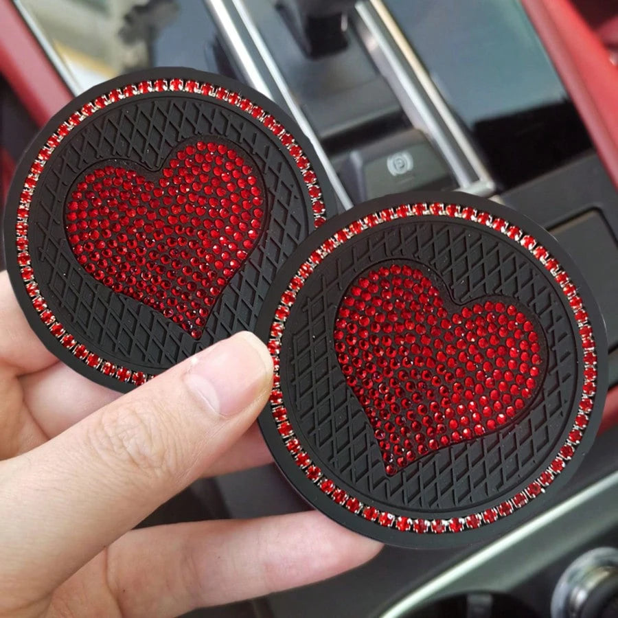 1 Pair Rhinestone Heart Car Cup Holder Coasters, Multi-Color Shiny Design, Soft Material Fits Cup Slot Securely, Interior Decoration, Enhances Car Interior Elegance