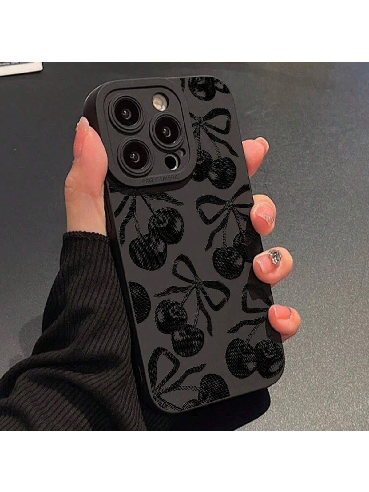 1 Piece IMD Material Transparent Black Phone Case, Equipped With A Camera And Cute Cartoon Cherry Bow Pattern, Compatible With 13, 14 Pro Max, 11, Waterproof, Shockproof, Anti Drop, And Scratch Resist