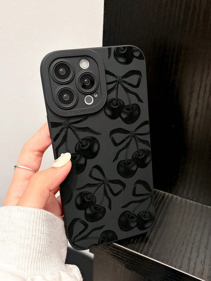 1 Piece IMD Material Transparent Black Phone Case, Equipped With A Camera And Cute Cartoon Cherry Bow Pattern, Compatible With 13, 14 Pro Max, 11, Waterproof, Shockproof, Anti Drop, And Scratch Resist