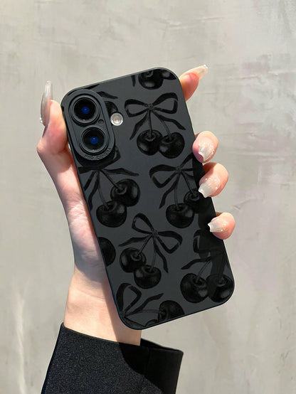 1 Piece IMD Material Transparent Black Phone Case, Equipped With A Camera And Cute Cartoon Cherry Bow Pattern, Compatible With 13, 14 Pro Max, 11, Waterproof, Shockproof, Anti Drop, And Scratch Resist