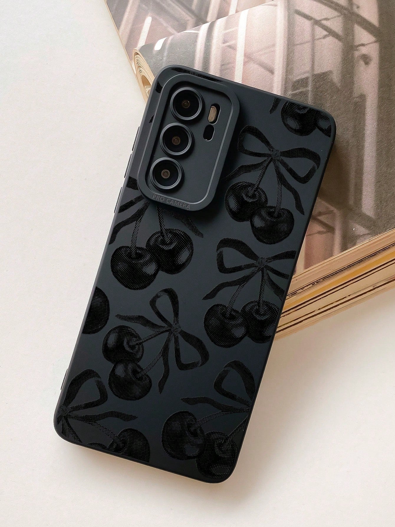 1 Piece IMD Material Transparent Black Phone Case, Equipped With A Camera And Cute Cartoon Cherry Bow Pattern, Compatible With 13, 14 Pro Max, 11, Waterproof, Shockproof, Anti Drop, And Scratch Resist