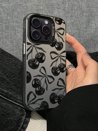 1 Piece IMD Material Transparent Black Phone Case, Equipped With A Camera And Cute Cartoon Cherry Bow Pattern, Compatible With 13, 14 Pro Max, 11, Waterproof, Shockproof, Anti Drop, And Scratch Resist