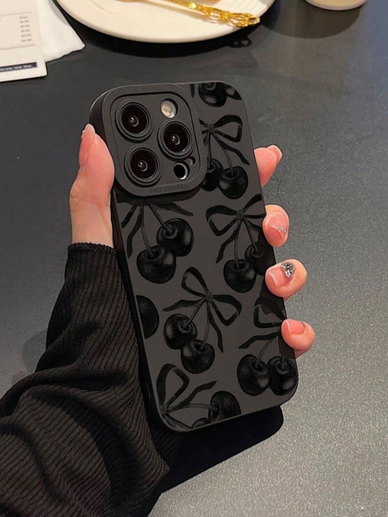 1 Piece IMD Material Transparent Black Phone Case, Equipped With A Camera And Cute Cartoon Cherry Bow Pattern, Compatible With 13, 14 Pro Max, 11, Waterproof, Shockproof, Anti Drop, And Scratch Resist