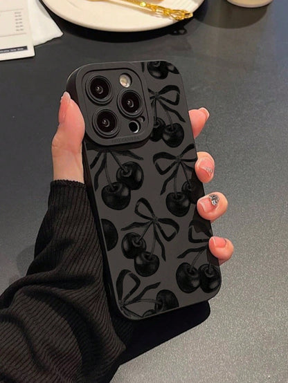 1 Piece IMD Material Transparent Black Phone Case, Equipped With A Camera And Cute Cartoon Cherry Bow Pattern, Compatible With 13, 14 Pro Max, 11, Waterproof, Shockproof, Anti Drop, And Scratch Resist