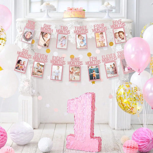 1 Set- Baby's 1st Birthday Photo Banner, Suitable For Newborn To 12 Months, Monthly Milestone Photo Garland Wreath, 1st Birthday Celebration Decor, Boy Girl Frame, Baby Shower Party