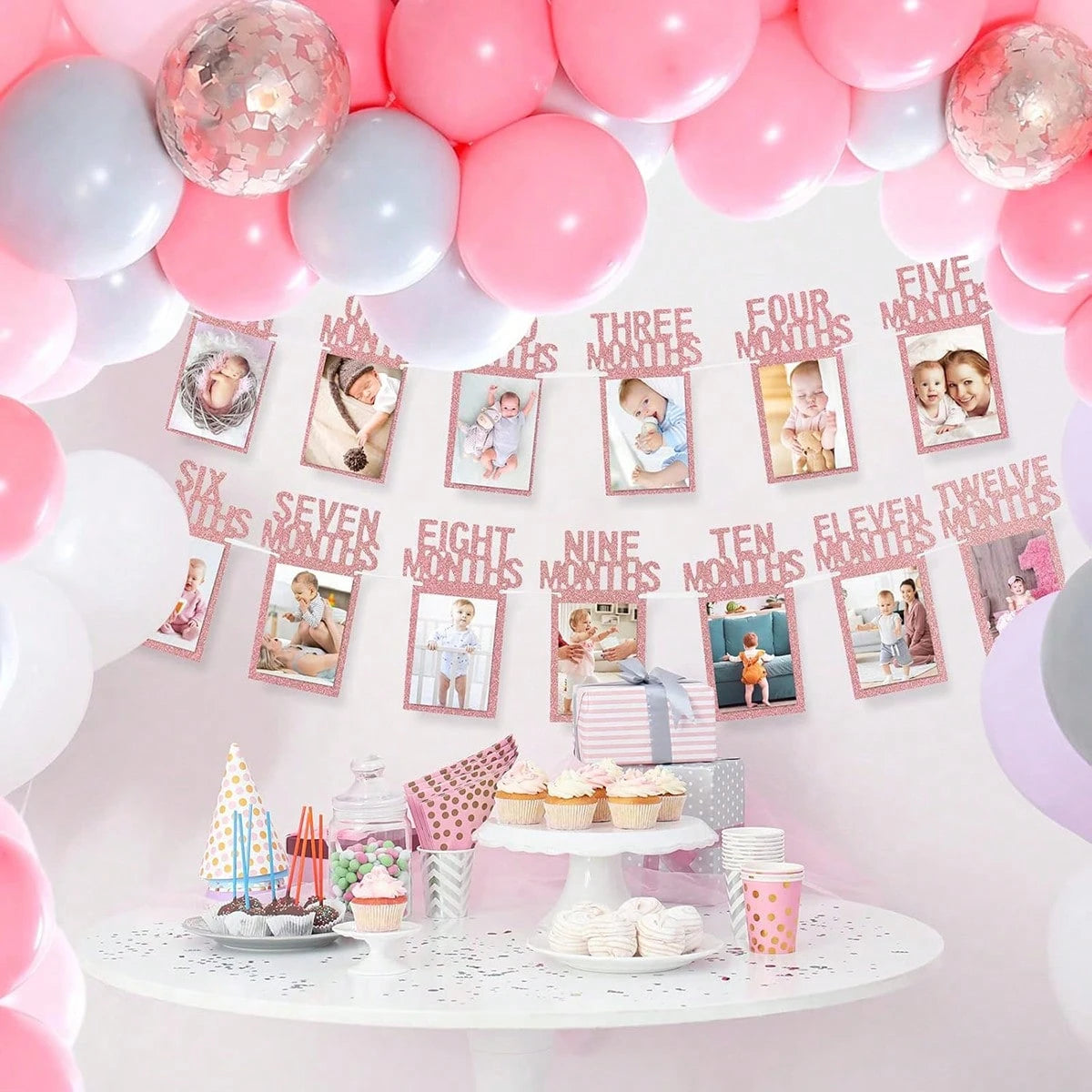 1 Set- Baby's 1st Birthday Photo Banner, Suitable For Newborn To 12 Months, Monthly Milestone Photo Garland Wreath, 1st Birthday Celebration Decor, Boy Girl Frame, Baby Shower Party