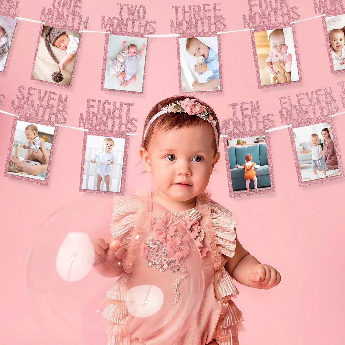 1 Set- Baby's 1st Birthday Photo Banner, Suitable For Newborn To 12 Months, Monthly Milestone Photo Garland Wreath, 1st Birthday Celebration Decor, Boy Girl Frame, Baby Shower Party