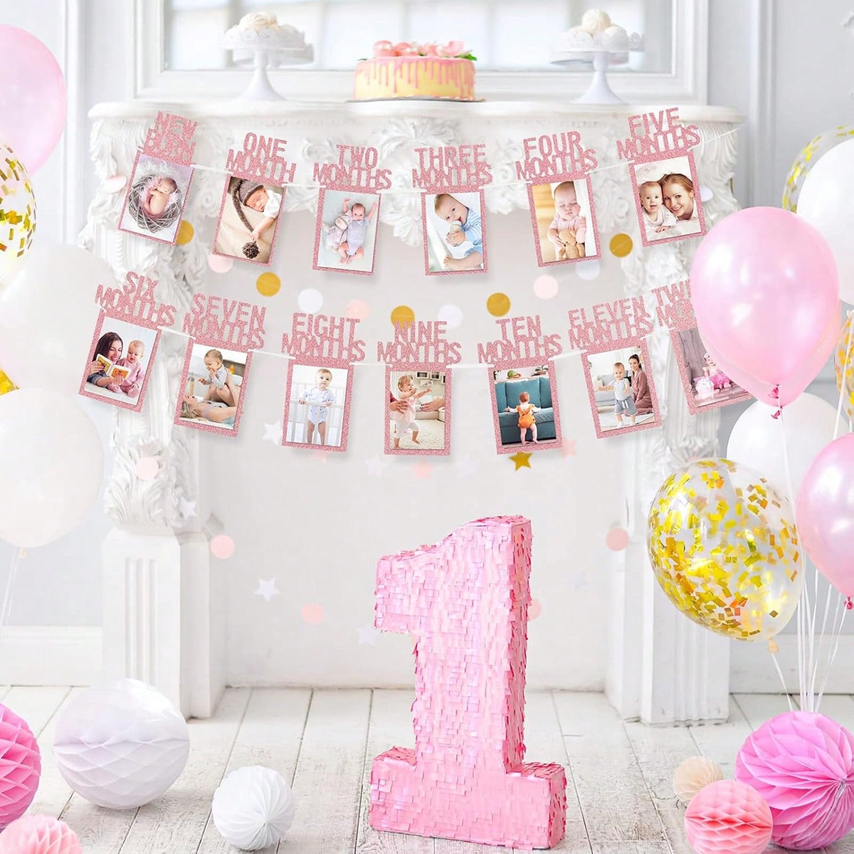 1 Set- Baby's 1st Birthday Photo Banner, Suitable For Newborn To 12 Months, Monthly Milestone Photo Garland Wreath, 1st Birthday Celebration Decor, Boy Girl Frame, Baby Shower Party