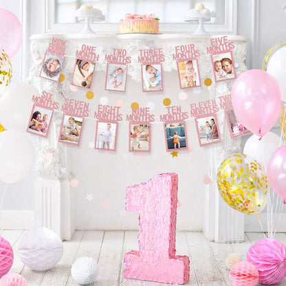 1 Set- Baby's 1st Birthday Photo Banner, Suitable For Newborn To 12 Months, Monthly Milestone Photo Garland Wreath, 1st Birthday Celebration Decor, Boy Girl Frame, Baby Shower Party