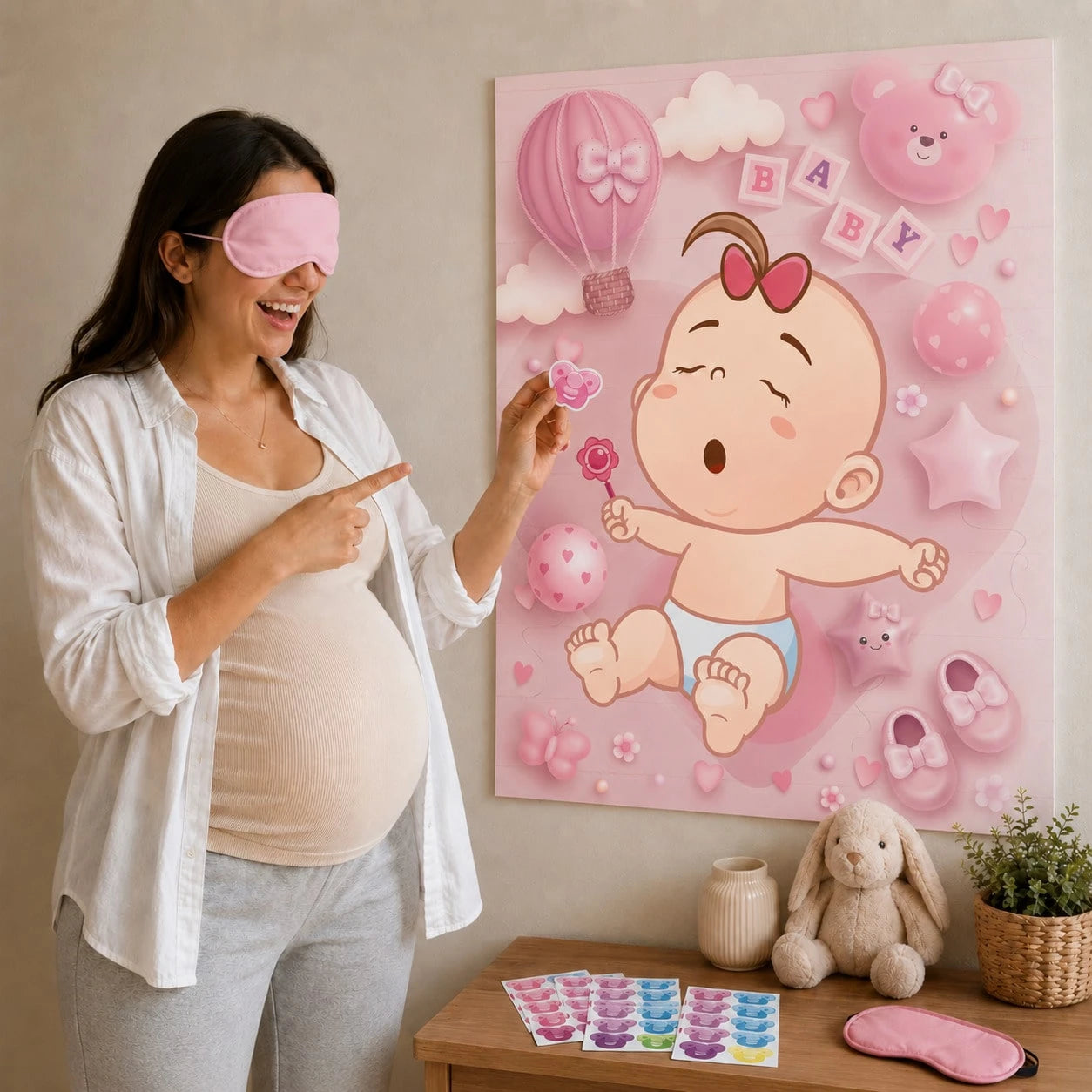 1 Set Baby Shower Party Games, Includes Guest Printed Poster, Blindfold And Pacifier Stickers, Cute Pacifier Pin Game Props, Suitable For Gender Reveal And Birthday Parties