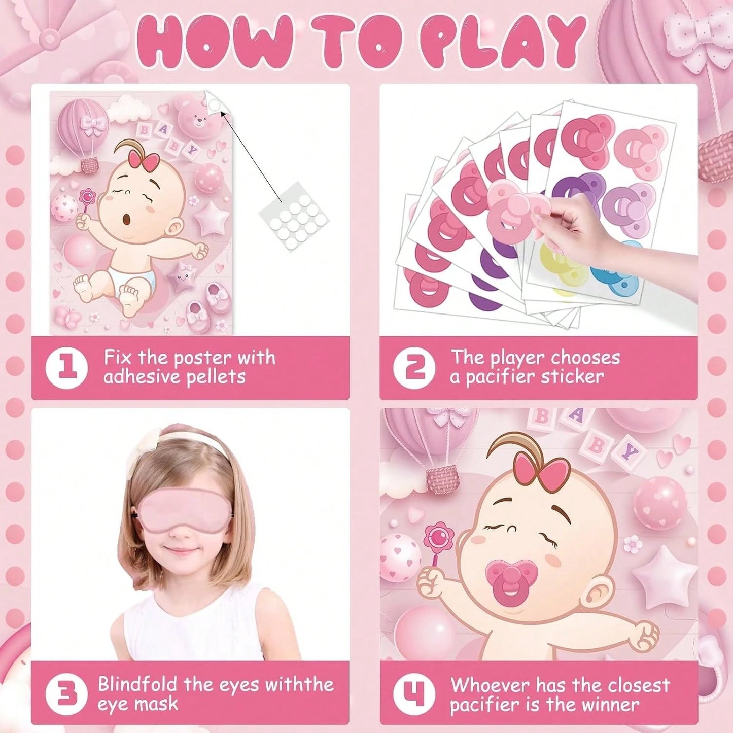 1 Set Baby Shower Party Games, Includes Guest Printed Poster, Blindfold And Pacifier Stickers, Cute Pacifier Pin Game Props, Suitable For Gender Reveal And Birthday Parties