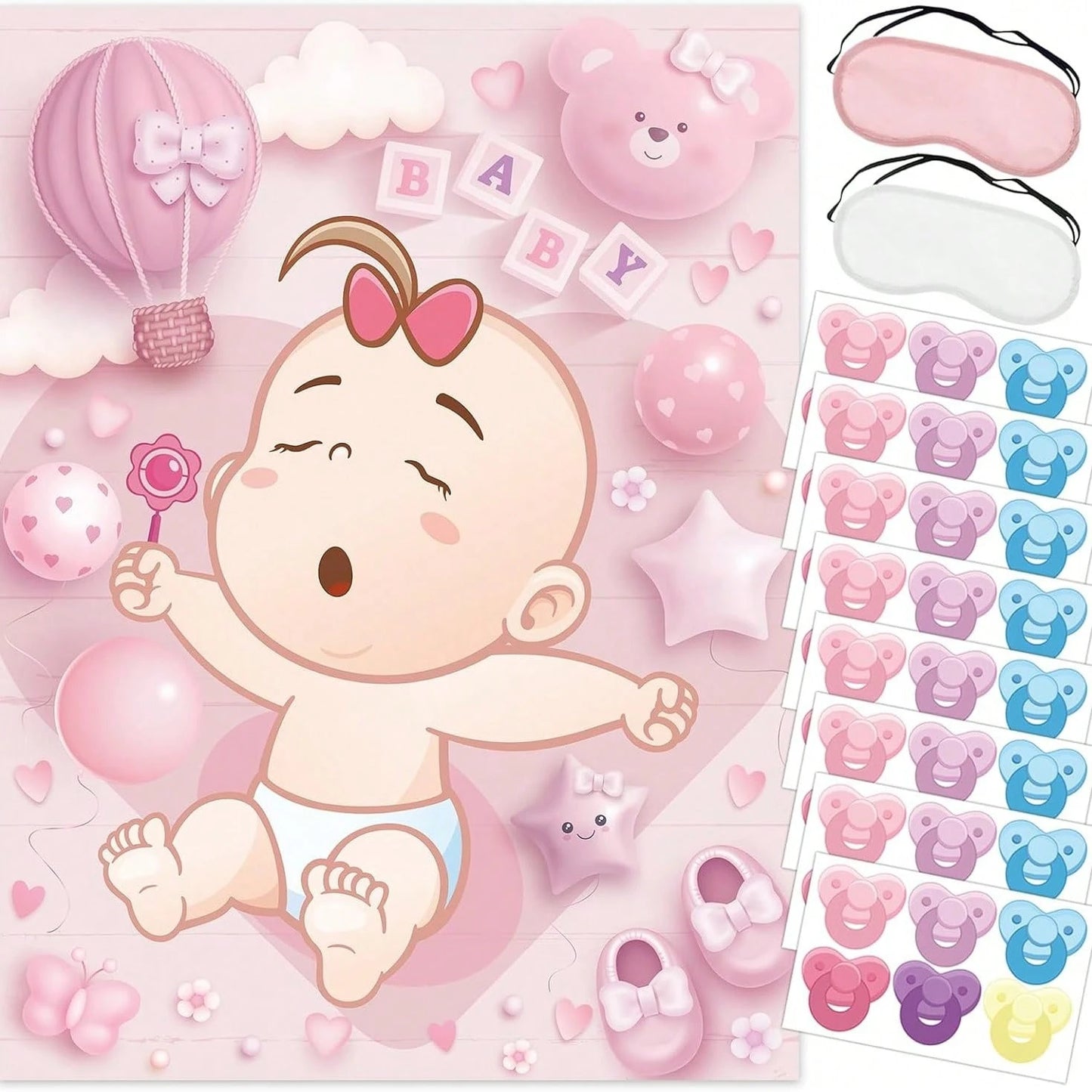 1 Set Baby Shower Party Games, Includes Guest Printed Poster, Blindfold And Pacifier Stickers, Cute Pacifier Pin Game Props, Suitable For Gender Reveal And Birthday Parties