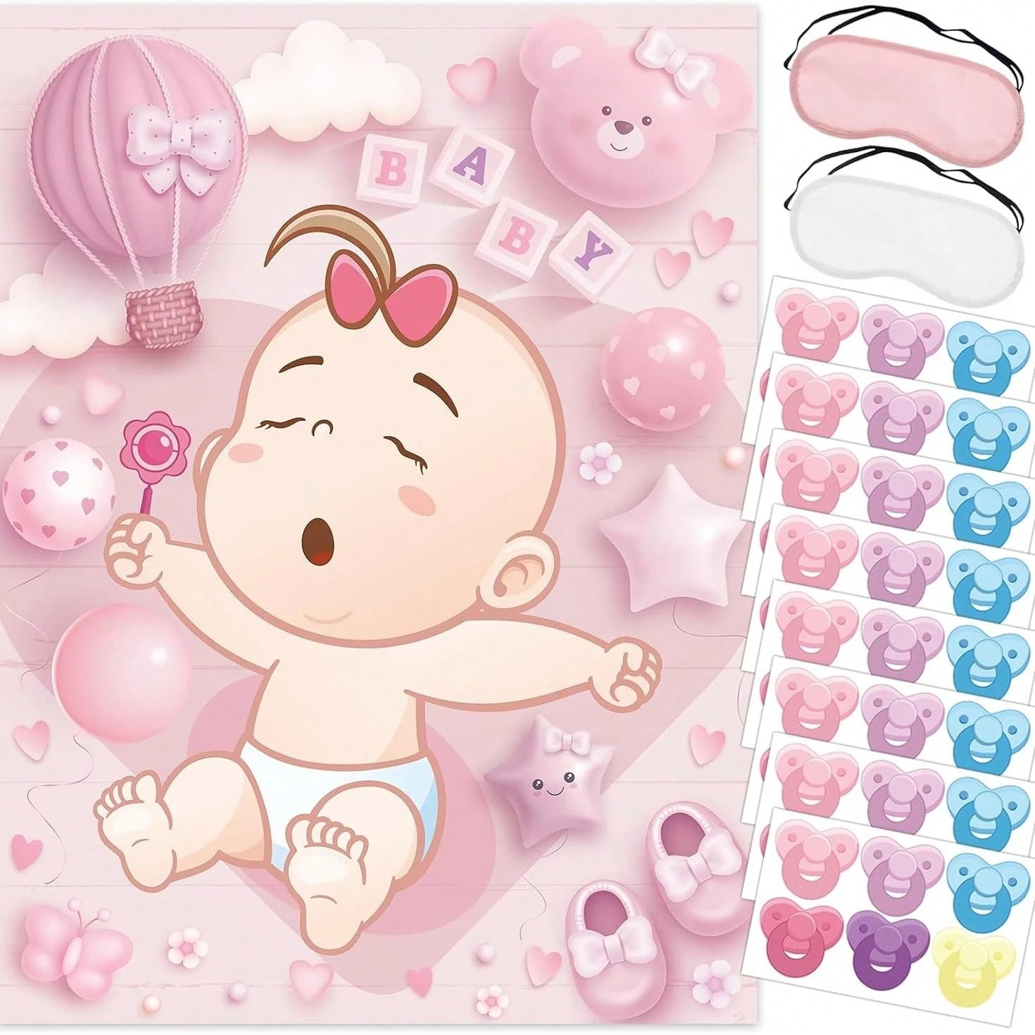 1 Set Baby Shower Party Games, Includes Guest Printed Poster, Blindfold And Pacifier Stickers, Cute Pacifier Pin Game Props, Suitable For Gender Reveal And Birthday Parties