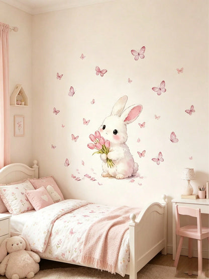 1 Set Butterfly & Rabbit Wall Sticker Set| Wall Decor Suitable For Bedroom, Living Room And Nursery Warm Home Decoration