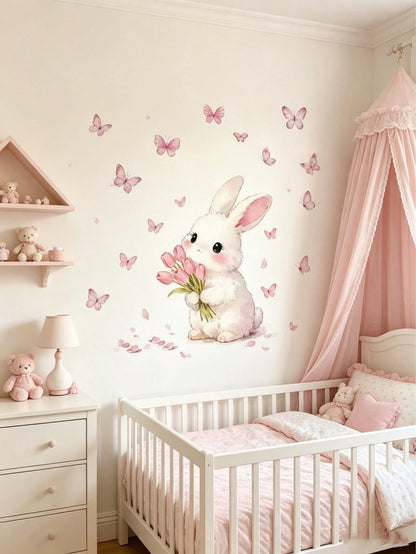 1 Set Butterfly & Rabbit Wall Sticker Set| Wall Decor Suitable For Bedroom, Living Room And Nursery Warm Home Decoration