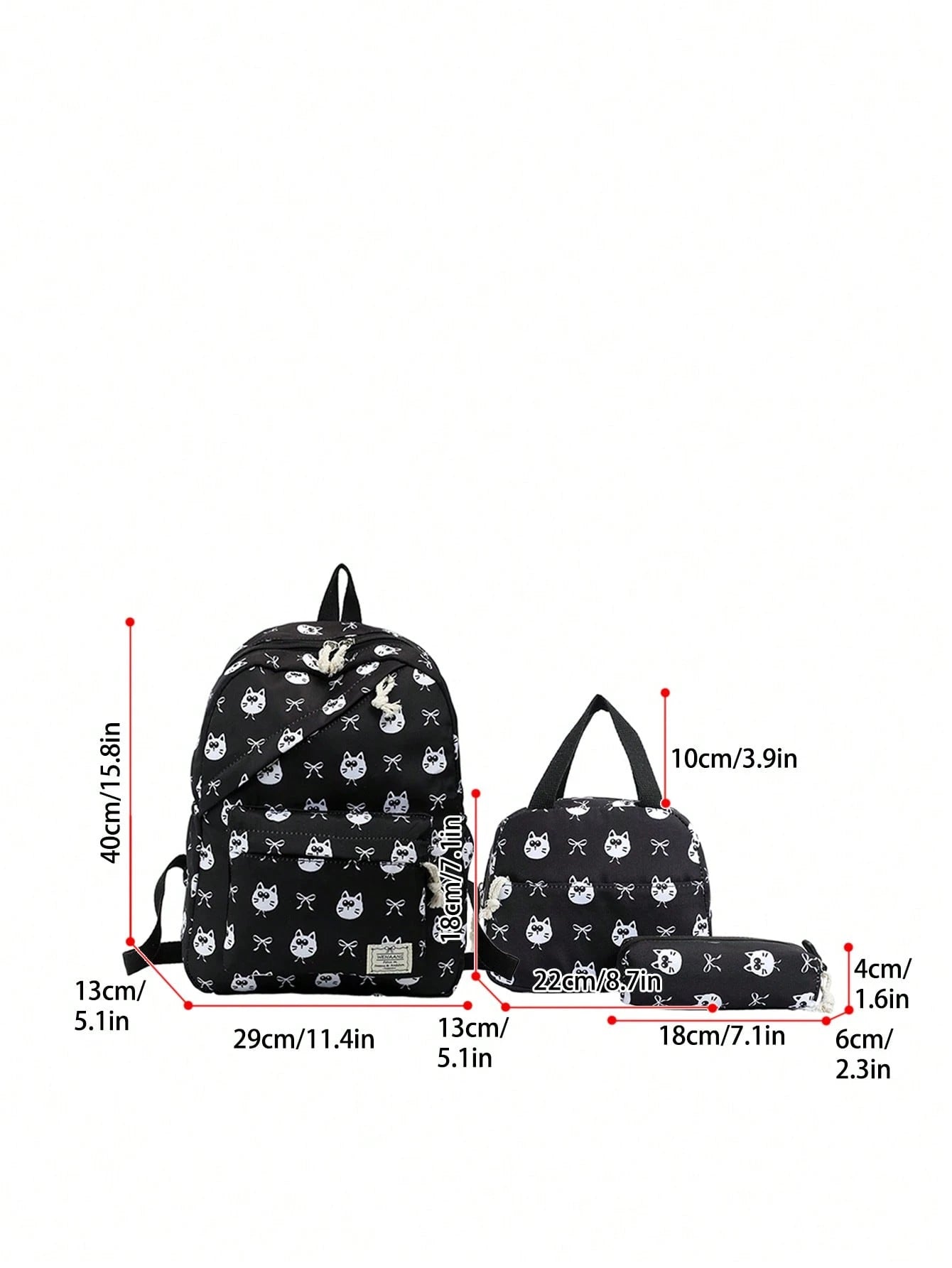 1 Set Fashionable College Style Cartoon Cat & Dog Print Backpack Combo, Includes Backpack, Portable Lunch Bag And Stationery Organizer, Built-In Laptop Compartment, Adjustable Shoulder Straps And Mult