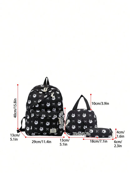 1 Set Fashionable College Style Cartoon Cat & Dog Print Backpack Combo, Includes Backpack, Portable Lunch Bag And Stationery Organizer, Built-In Laptop Compartment, Adjustable Shoulder Straps And Mult