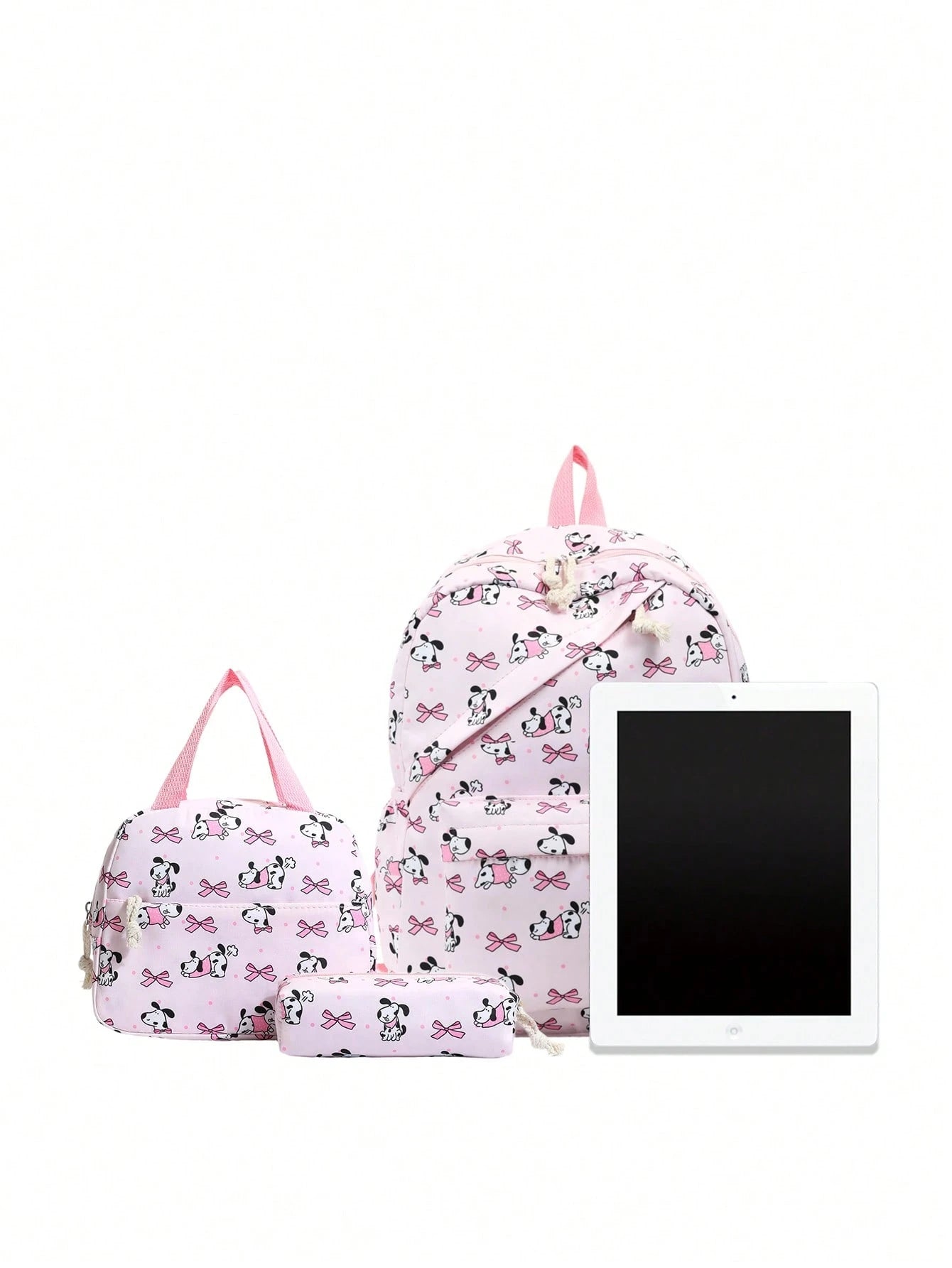 1 Set Fashionable College Style Cartoon Cat & Dog Print Backpack Combo, Includes Backpack, Portable Lunch Bag And Stationery Organizer, Built-In Laptop Compartment, Adjustable Shoulder Straps And Mult