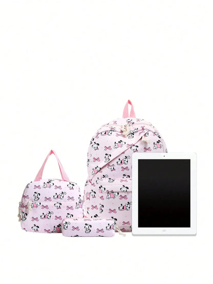 1 Set Fashionable College Style Cartoon Cat & Dog Print Backpack Combo, Includes Backpack, Portable Lunch Bag And Stationery Organizer, Built-In Laptop Compartment, Adjustable Shoulder Straps And Mult