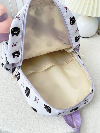 1 Set Fashionable College Style Cartoon Cat & Dog Print Backpack Combo, Includes Backpack, Portable Lunch Bag And Stationery Organizer, Built-In Laptop Compartment, Adjustable Shoulder Straps And Mult