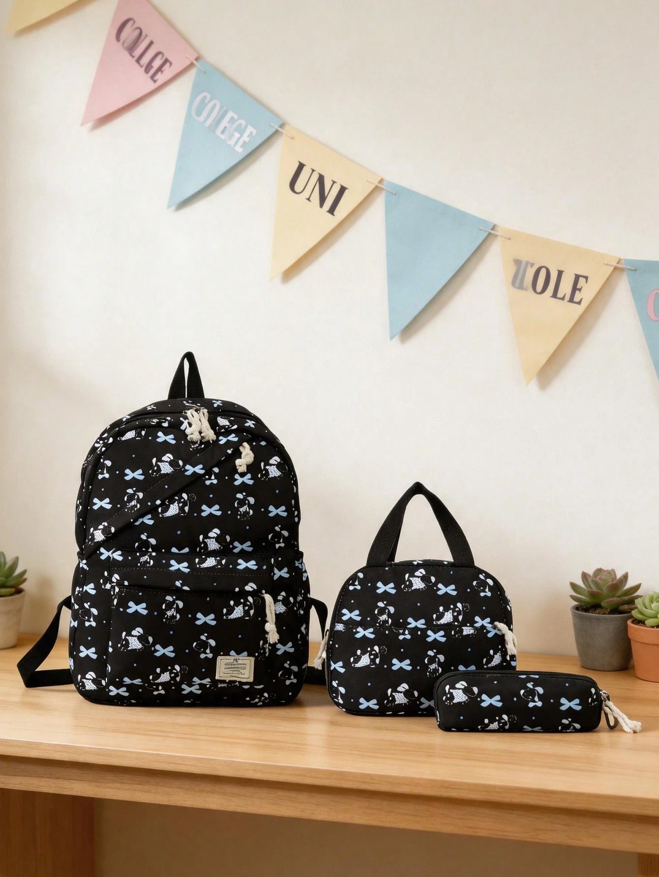 1 Set Fashionable College Style Cartoon Cat & Dog Print Backpack Combo, Includes Backpack, Portable Lunch Bag And Stationery Organizer, Built-In Laptop Compartment, Adjustable Shoulder Straps And Mult