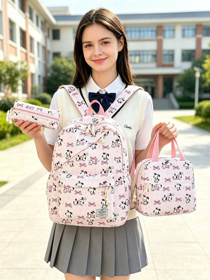 1 Set Fashionable College Style Cartoon Cat & Dog Print Backpack Combo, Includes Backpack, Portable Lunch Bag And Stationery Organizer, Built-In Laptop Compartment, Adjustable Shoulder Straps And Mult