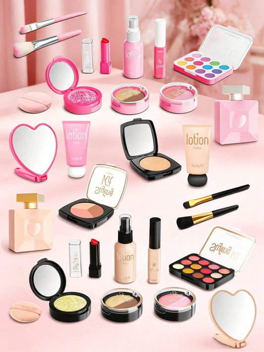 1 Set Girls Pretend Play Makeup Kit, Luxury Cosmetic Simulation Fashion Toy Set-- Includes Realistic Lipstick, Eyeshadow, Brushes, Etc. Some Parts Sent Randomly