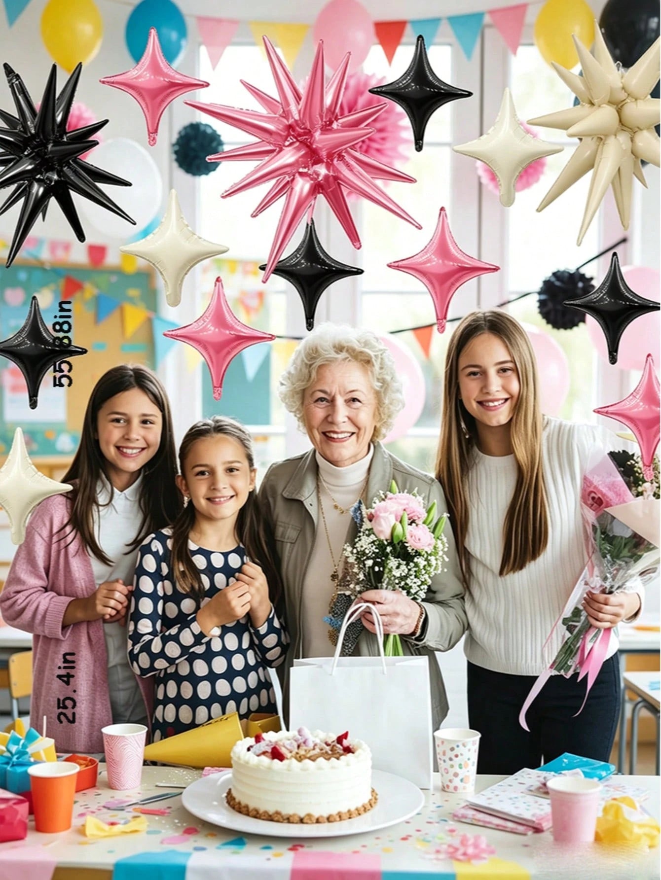 1 Set Pink, Black And White Explosion Star Balloons, Square Balloons, Suitable For Decorating Birthdays, Anniversaries, Weddings And Parties