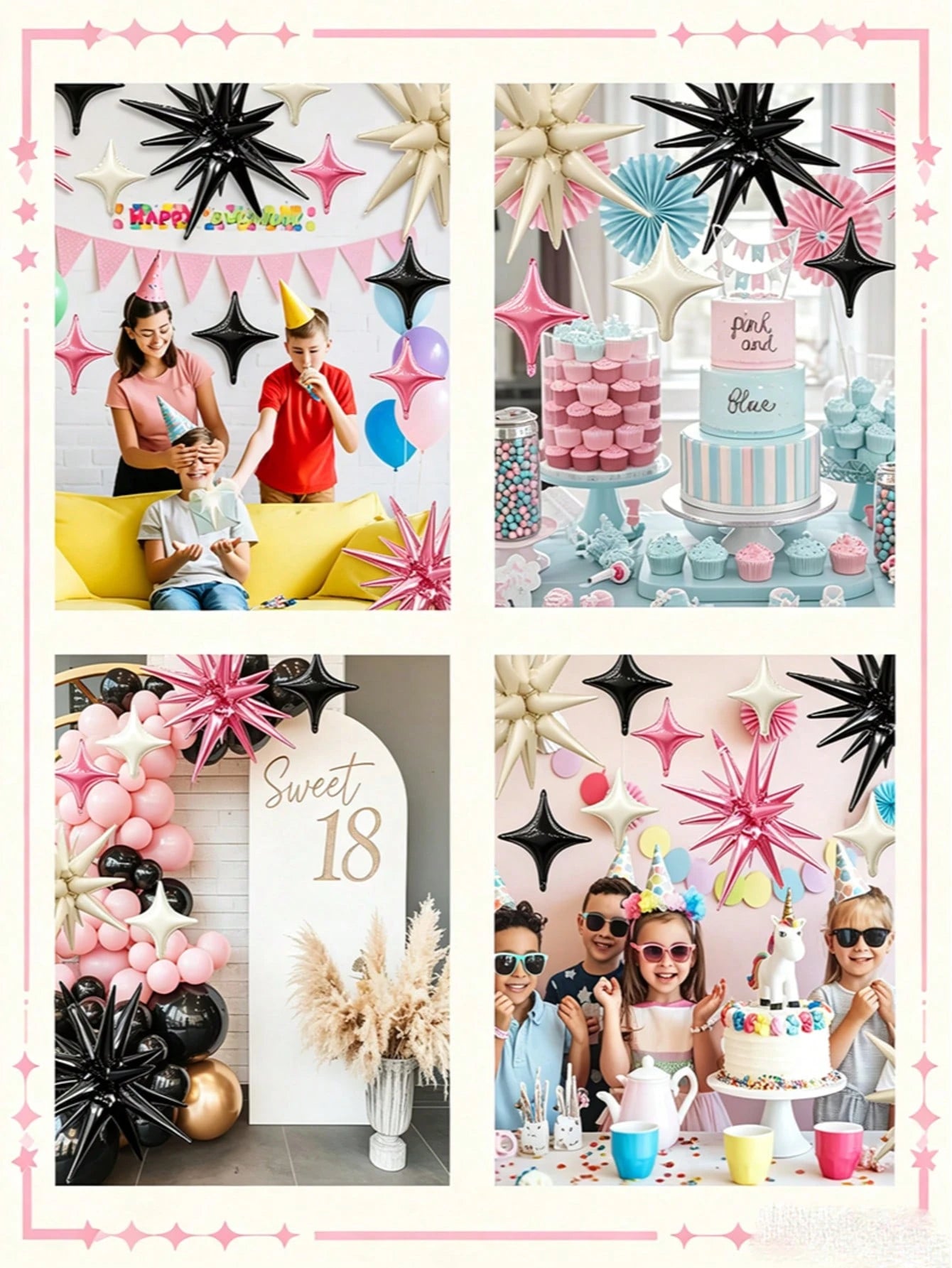 1 Set Pink, Black And White Explosion Star Balloons, Square Balloons, Suitable For Decorating Birthdays, Anniversaries, Weddings And Parties