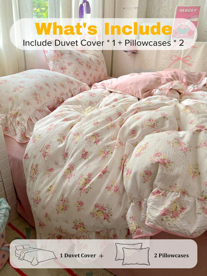 1 Set Pink Rose Ditsy Floral Duvet Cover 3 Pieces Set, Soft Wrinkle Fabric With Ditsy Floral Lace Trim, Romantic Decoration For Women Bedroom, Gift For Valentine's Day (1 Duvet Cover + 2 Pillowcases)