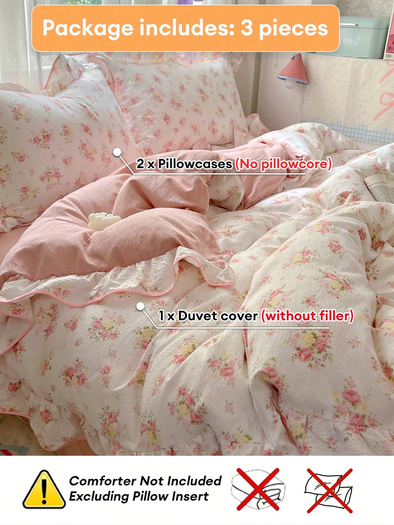 1 Set Pink Rose Ditsy Floral Duvet Cover 3 Pieces Set, Soft Wrinkle Fabric With Ditsy Floral Lace Trim, Romantic Decoration For Women Bedroom, Gift For Valentine's Day (1 Duvet Cover + 2 Pillowcases)
