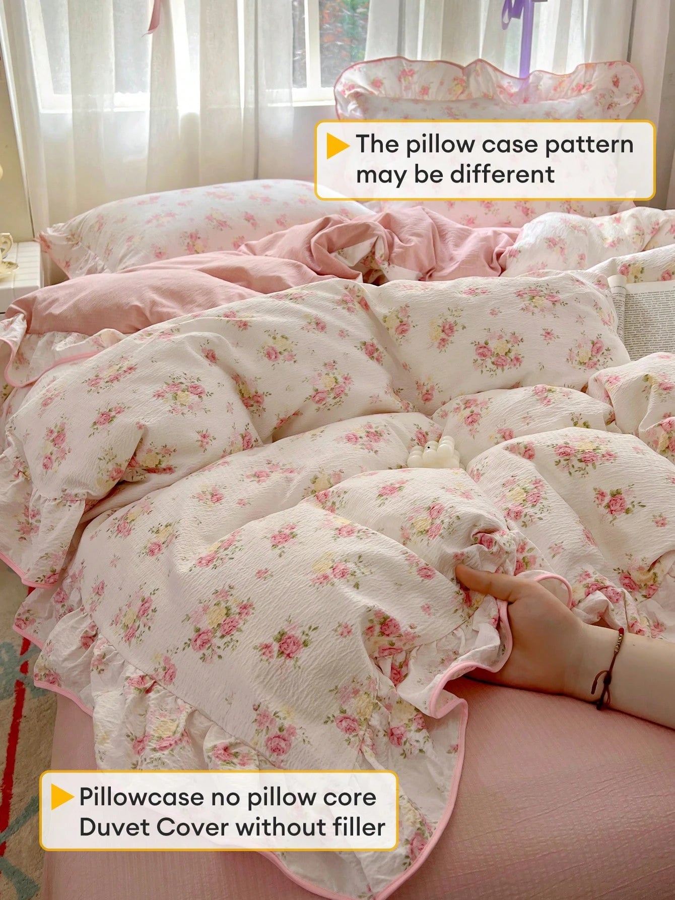 1 Set Pink Rose Ditsy Floral Duvet Cover 3 Pieces Set, Soft Wrinkle Fabric With Ditsy Floral Lace Trim, Romantic Decoration For Women Bedroom, Gift For Valentine's Day (1 Duvet Cover + 2 Pillowcases)