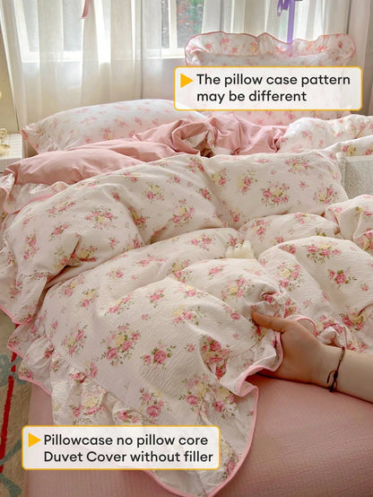 1 Set Pink Rose Ditsy Floral Duvet Cover 3 Pieces Set, Soft Wrinkle Fabric With Ditsy Floral Lace Trim, Romantic Decoration For Women Bedroom, Gift For Valentine's Day (1 Duvet Cover + 2 Pillowcases)