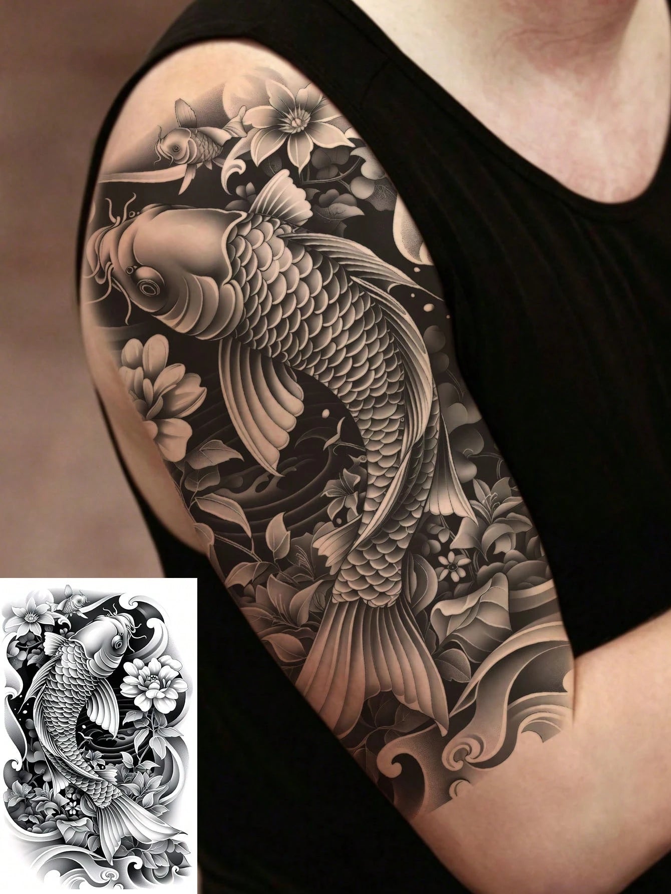 1 Sheet Waterproof Large Black Gray Koi Fish Lotus Temporary Tattoo Stickers, Japanese Traditional Wave Floral Full Arm Transfer Fake Tattoos, Long Lasting Big Sleeve Body Stickers For Men Streetwear