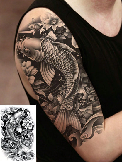 1 Sheet Waterproof Large Black Gray Koi Fish Lotus Temporary Tattoo Stickers, Japanese Traditional Wave Floral Full Arm Transfer Fake Tattoos, Long Lasting Big Sleeve Body Stickers For Men Streetwear