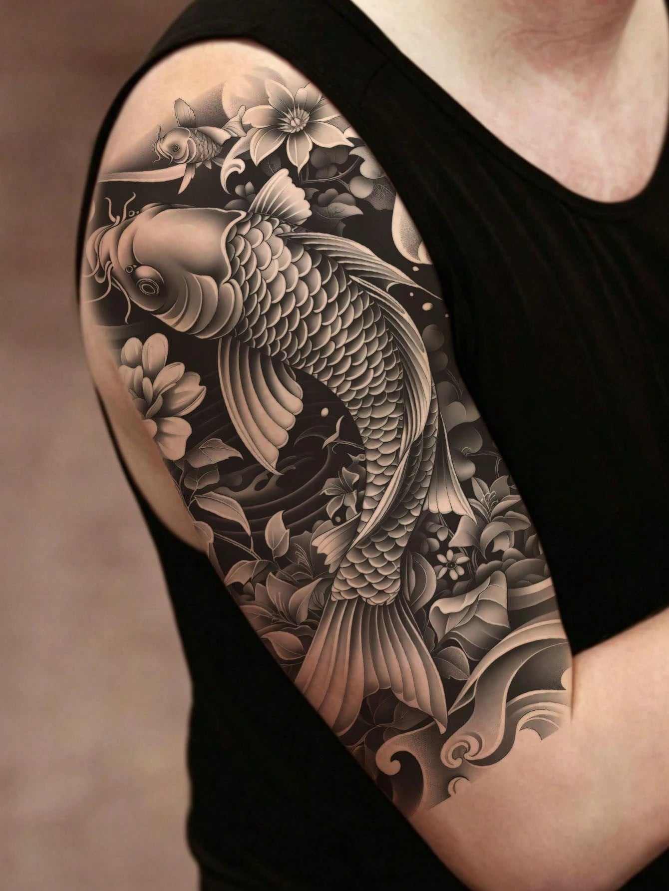 1 Sheet Waterproof Large Black Gray Koi Fish Lotus Temporary Tattoo Stickers, Japanese Traditional Wave Floral Full Arm Transfer Fake Tattoos, Long Lasting Big Sleeve Body Stickers For Men Streetwear