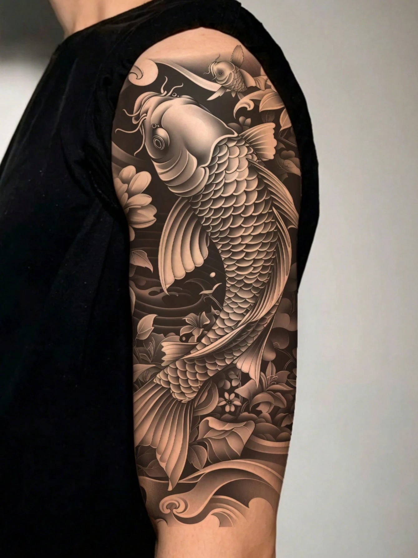 1 Sheet Waterproof Large Black Gray Koi Fish Lotus Temporary Tattoo Stickers, Japanese Traditional Wave Floral Full Arm Transfer Fake Tattoos, Long Lasting Big Sleeve Body Stickers For Men Streetwear