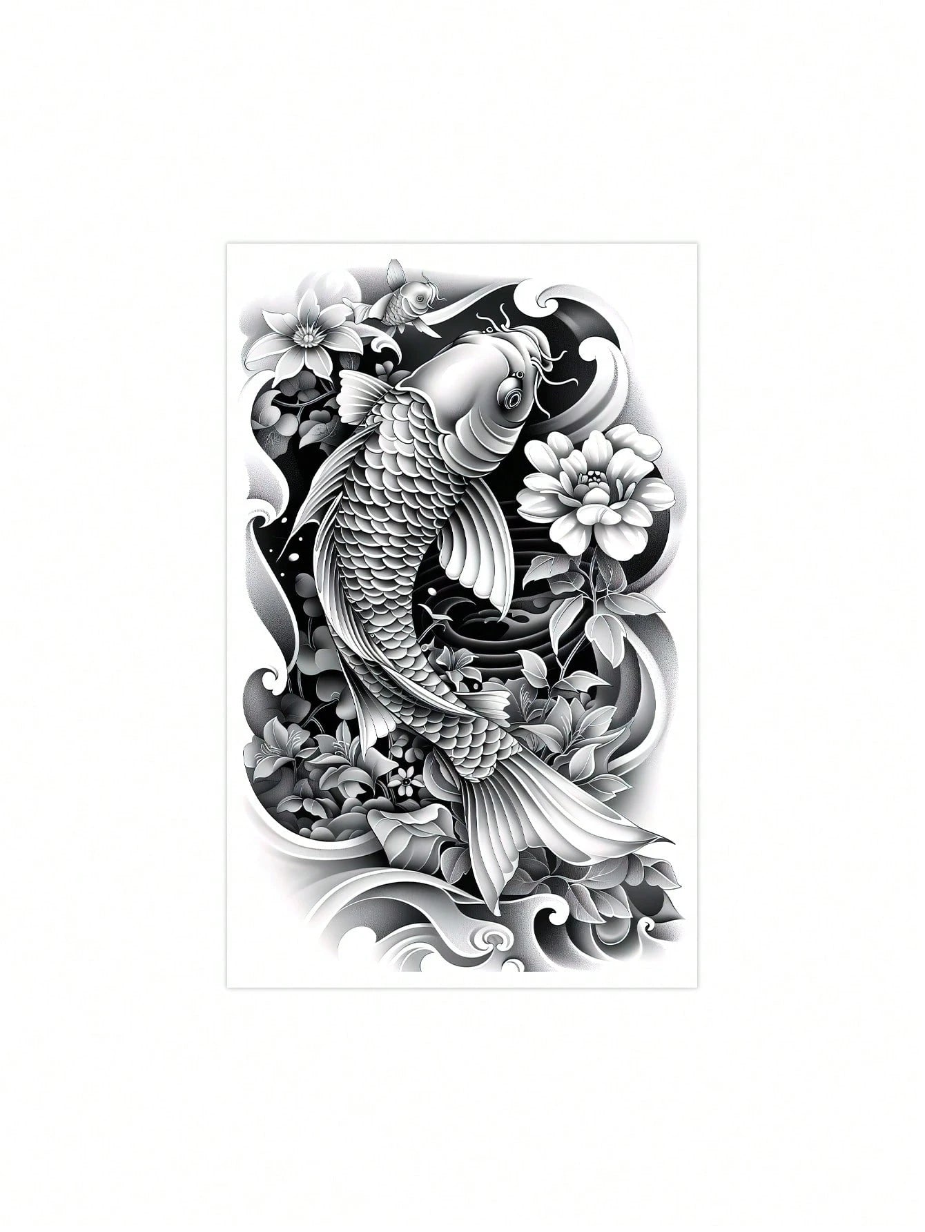 1 Sheet Waterproof Large Black Gray Koi Fish Lotus Temporary Tattoo Stickers, Japanese Traditional Wave Floral Full Arm Transfer Fake Tattoos, Long Lasting Big Sleeve Body Stickers For Men Streetwear