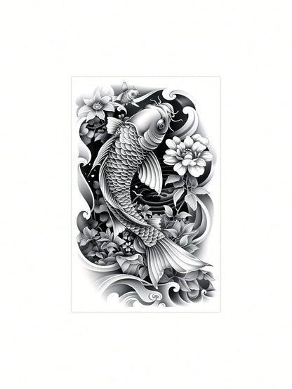 1 Sheet Waterproof Large Black Gray Koi Fish Lotus Temporary Tattoo Stickers, Japanese Traditional Wave Floral Full Arm Transfer Fake Tattoos, Long Lasting Big Sleeve Body Stickers For Men Streetwear