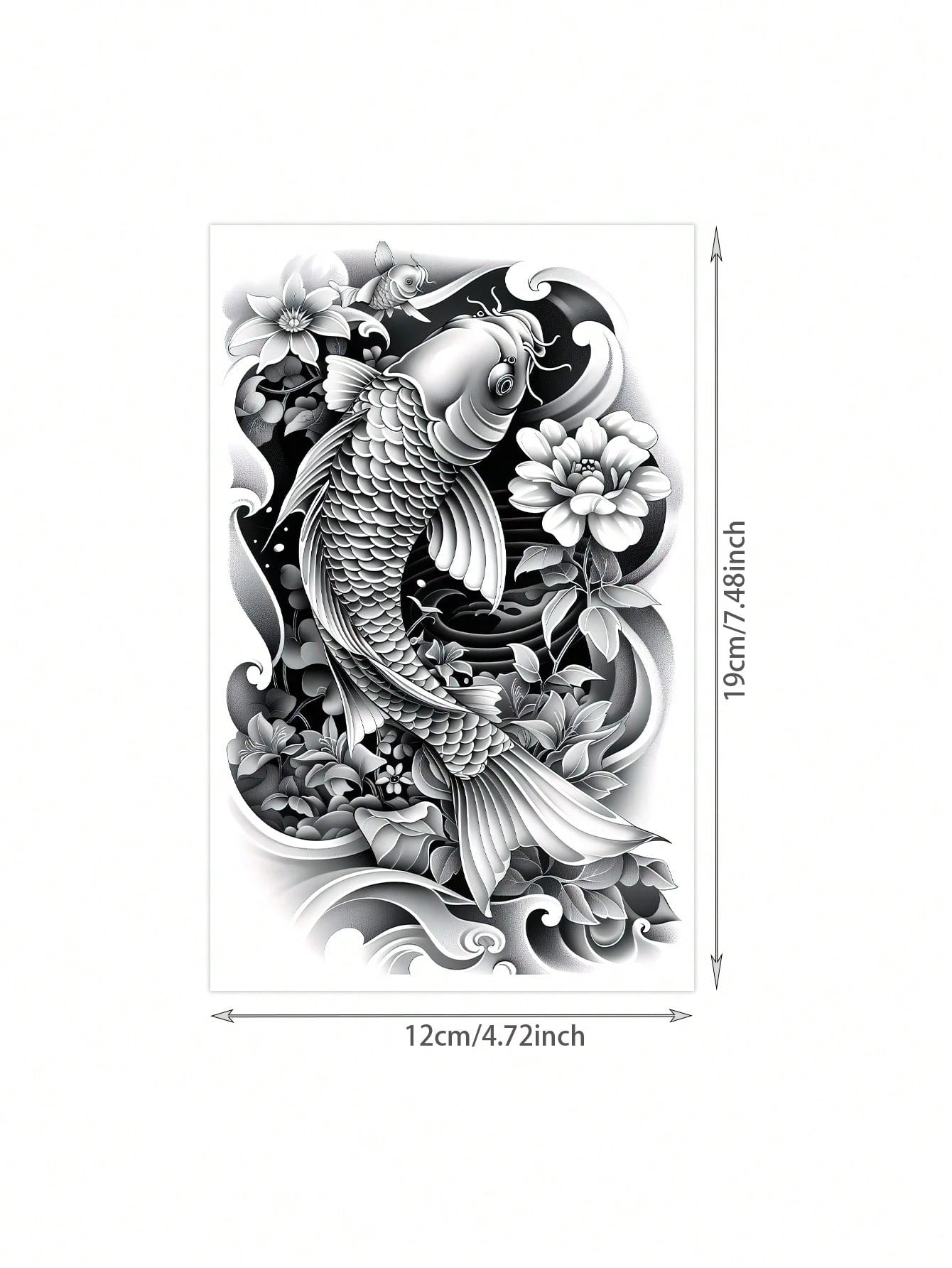 1 Sheet Waterproof Large Black Gray Koi Fish Lotus Temporary Tattoo Stickers, Japanese Traditional Wave Floral Full Arm Transfer Fake Tattoos, Long Lasting Big Sleeve Body Stickers For Men Streetwear