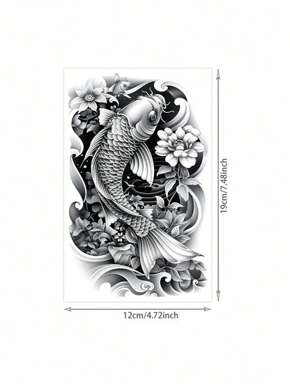 1 Sheet Waterproof Large Black Gray Koi Fish Lotus Temporary Tattoo Stickers, Japanese Traditional Wave Floral Full Arm Transfer Fake Tattoos, Long Lasting Big Sleeve Body Stickers For Men Streetwear