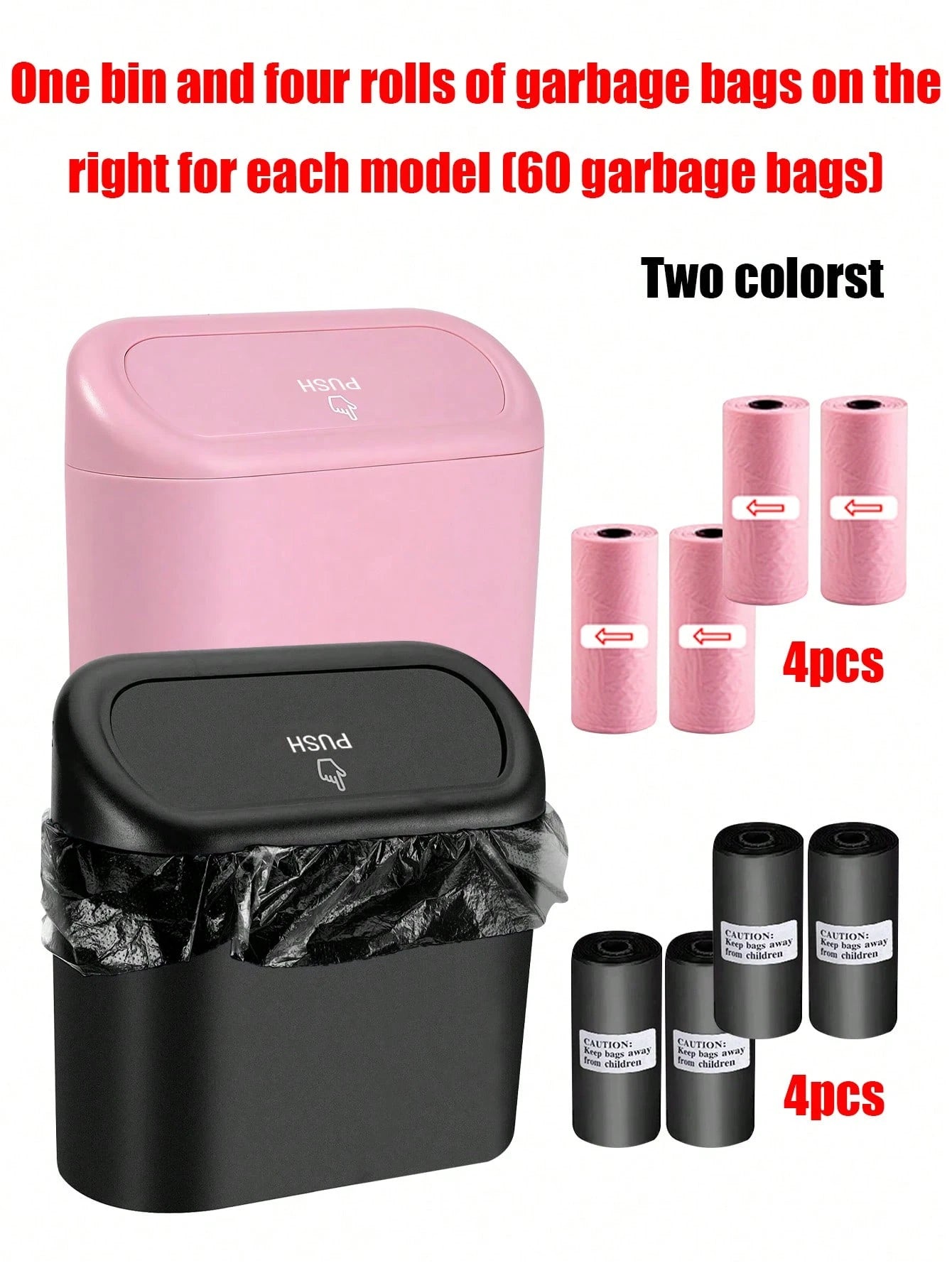 1 Trash Can And 4 Rolls Of Garbage Bags (15 Per Roll, 60 Garbage Bags In Total), Two Colors, Super Cute And Super Practical Car Trash Can And Garbage Bag